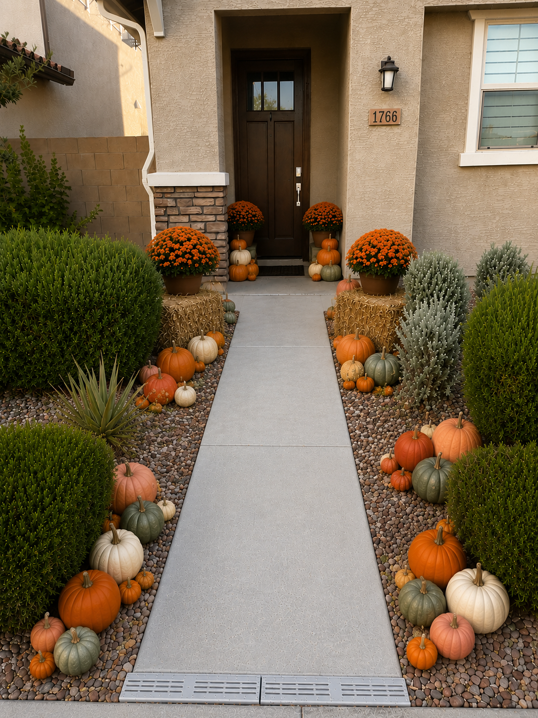 Elegant pumpkin-lined walkway and fall front-door display at an Arizona home